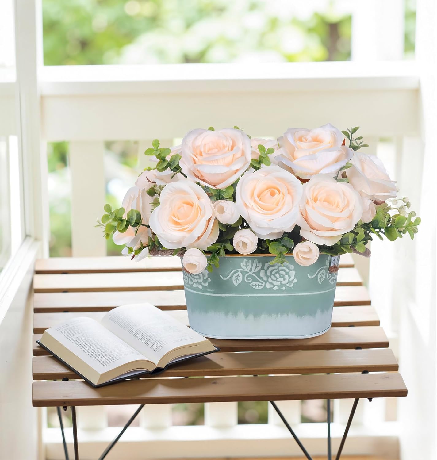 Artificial Rose Flower Arrangement for Table Centerpiece, Farmhouse Red Silk Flowers with Eucalyptus in Rustic Galvanized Metal Po Faux Floral Centerpiece for Dining Table, Home, Office Décor