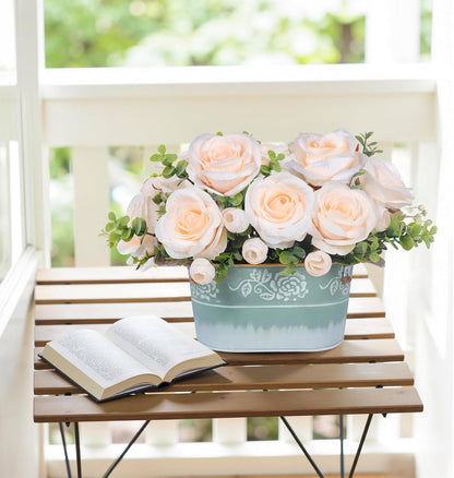 Artificial Rose Flower Arrangement for Table Centerpiece, Farmhouse Red Silk Flowers with Eucalyptus in Rustic Galvanized Metal Po Faux Floral Centerpiece for Dining Table, Home, Office Décor