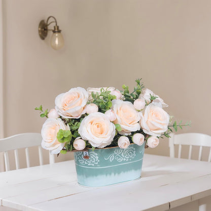 Artificial Rose Flower Arrangement for Table Centerpiece, Farmhouse Red Silk Flowers with Eucalyptus in Rustic Galvanized Metal Po Faux Floral Centerpiece for Dining Table, Home, Office Décor