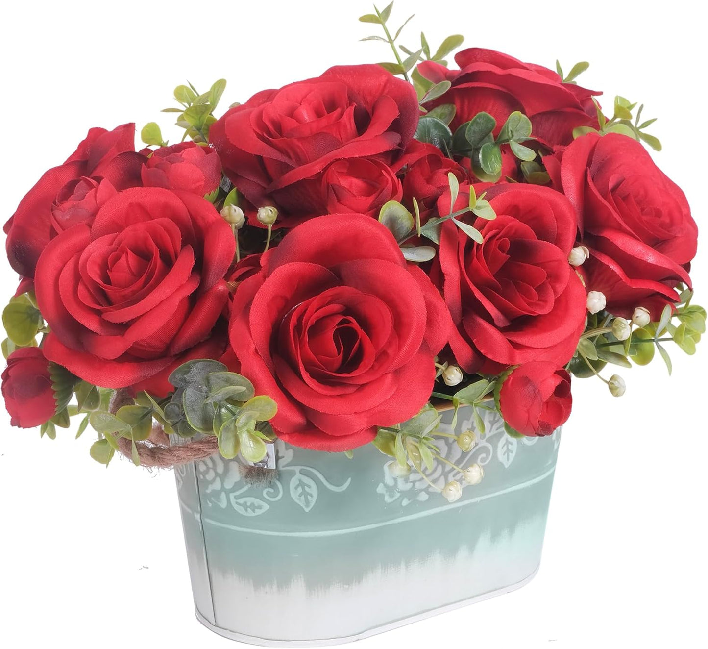 Artificial Rose Flower Arrangement for Table Centerpiece, Farmhouse Red Silk Flowers with Eucalyptus in Rustic Galvanized Metal Po Faux Floral Centerpiece for Dining Table, Home, Office Décor