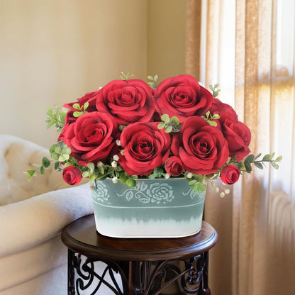 Artificial Rose Flower Arrangement for Table Centerpiece, Farmhouse Red Silk Flowers with Eucalyptus in Rustic Galvanized Metal Po Faux Floral Centerpiece for Dining Table, Home, Office Décor