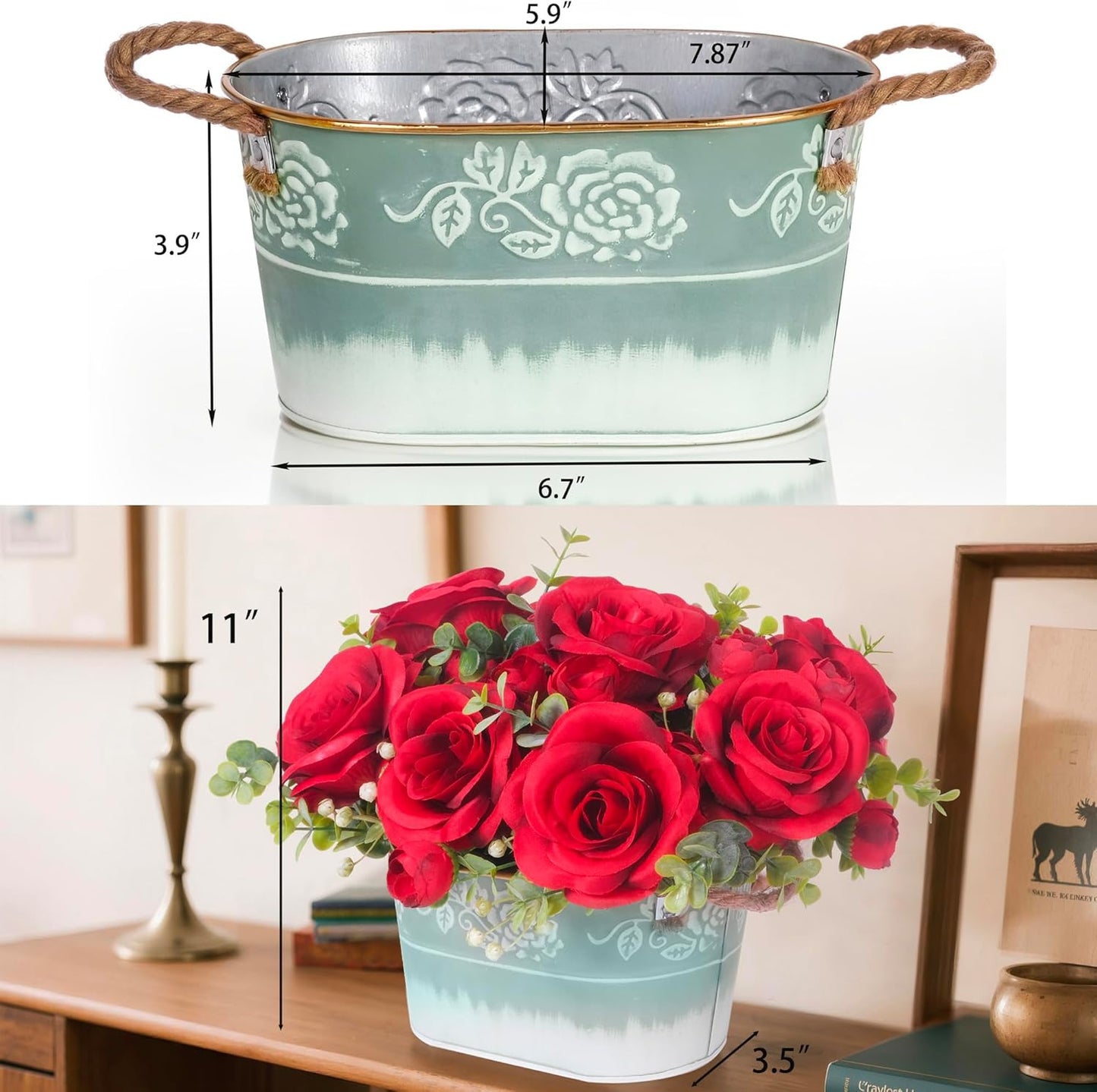 Artificial Rose Flower Arrangement for Table Centerpiece, Farmhouse Red Silk Flowers with Eucalyptus in Rustic Galvanized Metal Po Faux Floral Centerpiece for Dining Table, Home, Office Décor