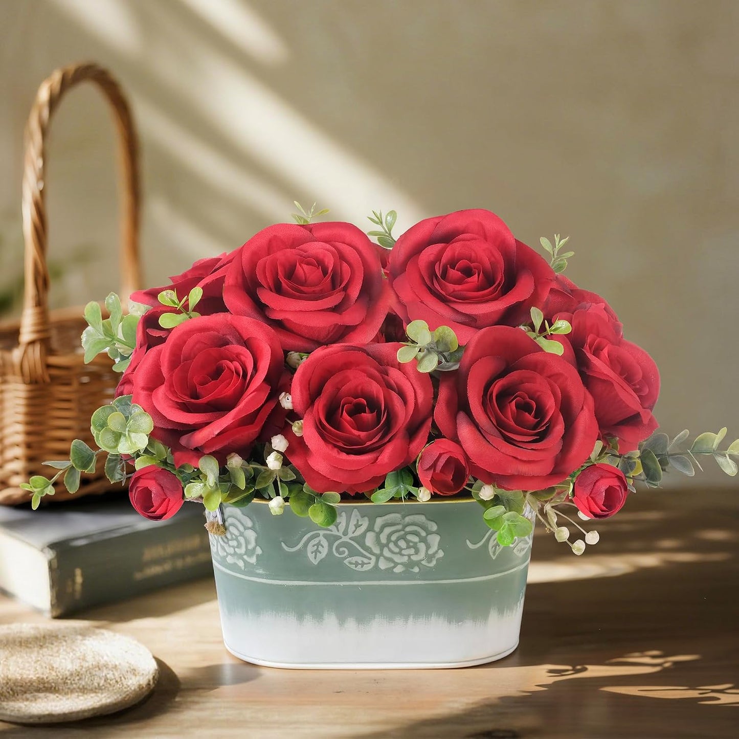 Artificial Rose Flower Arrangement for Table Centerpiece, Farmhouse Red Silk Flowers with Eucalyptus in Rustic Galvanized Metal Po Faux Floral Centerpiece for Dining Table, Home, Office Décor