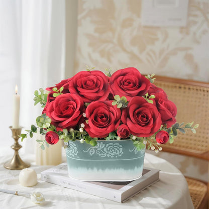 Artificial Rose Flower Arrangement for Table Centerpiece, Farmhouse Red Silk Flowers with Eucalyptus in Rustic Galvanized Metal Po Faux Floral Centerpiece for Dining Table, Home, Office Décor