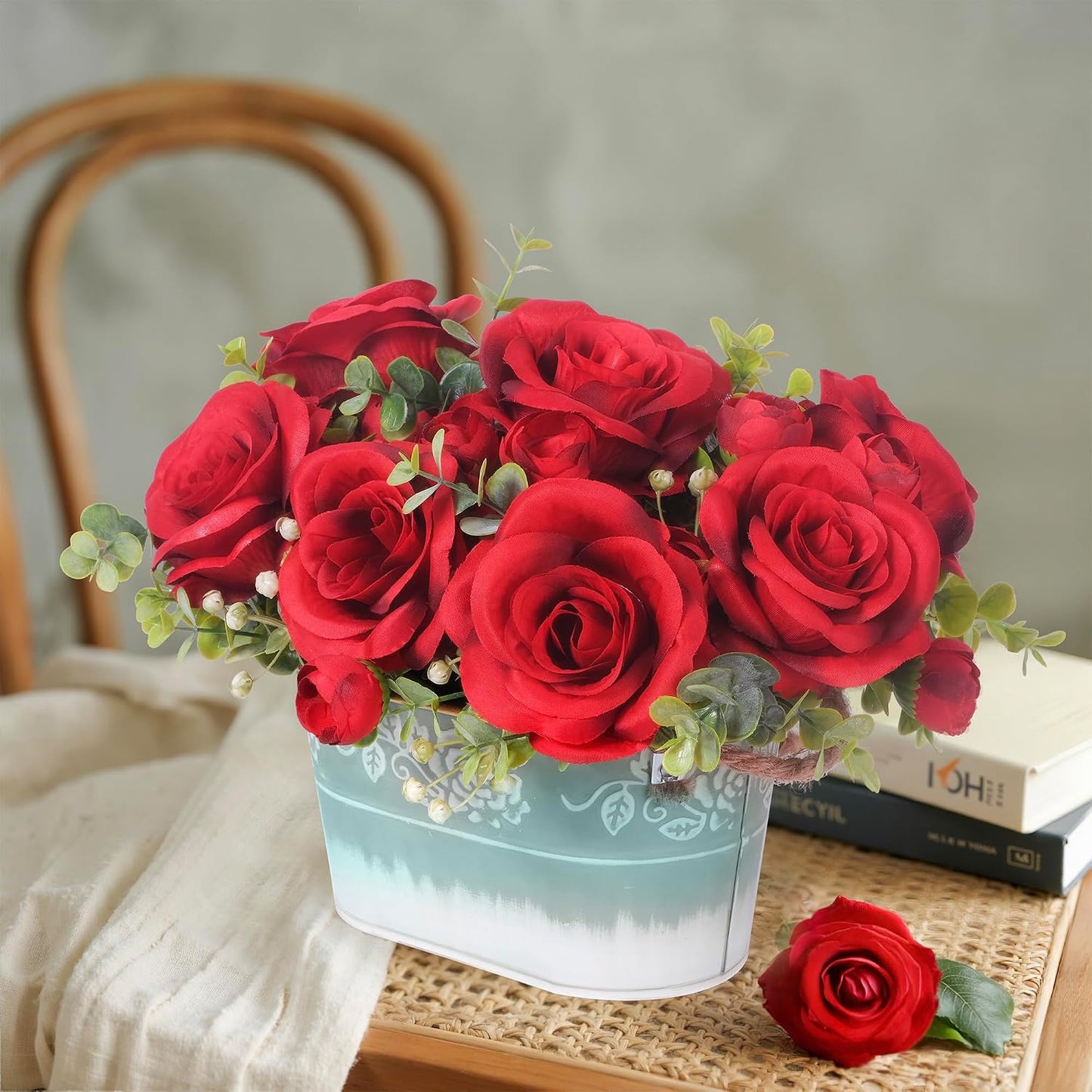 Artificial Rose Flower Arrangement for Table Centerpiece, Farmhouse Red Silk Flowers with Eucalyptus in Rustic Galvanized Metal Po Faux Floral Centerpiece for Dining Table, Home, Office Décor