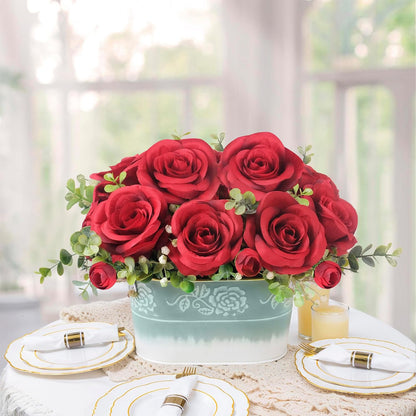 Artificial Rose Flower Arrangement for Table Centerpiece, Farmhouse Red Silk Flowers with Eucalyptus in Rustic Galvanized Metal Po Faux Floral Centerpiece for Dining Table, Home, Office Décor
