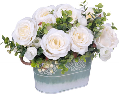 Artificial Rose Flower Arrangement for Table Centerpiece, Farmhouse Red Silk Flowers with Eucalyptus in Rustic Galvanized Metal Po Faux Floral Centerpiece for Dining Table, Home, Office Décor