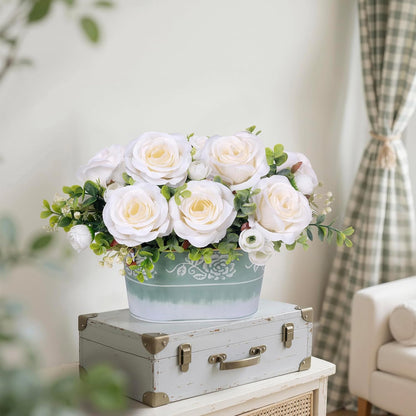 Artificial Rose Flower Arrangement for Table Centerpiece, Farmhouse Red Silk Flowers with Eucalyptus in Rustic Galvanized Metal Po Faux Floral Centerpiece for Dining Table, Home, Office Décor