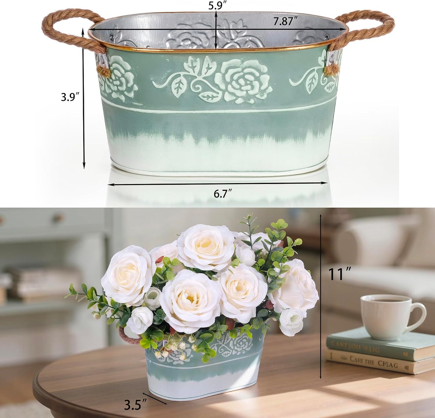 Artificial Rose Flower Arrangement for Table Centerpiece, Farmhouse Red Silk Flowers with Eucalyptus in Rustic Galvanized Metal Po Faux Floral Centerpiece for Dining Table, Home, Office Décor