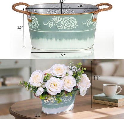 Artificial Rose Flower Arrangement for Table Centerpiece, Farmhouse Red Silk Flowers with Eucalyptus in Rustic Galvanized Metal Po Faux Floral Centerpiece for Dining Table, Home, Office Décor