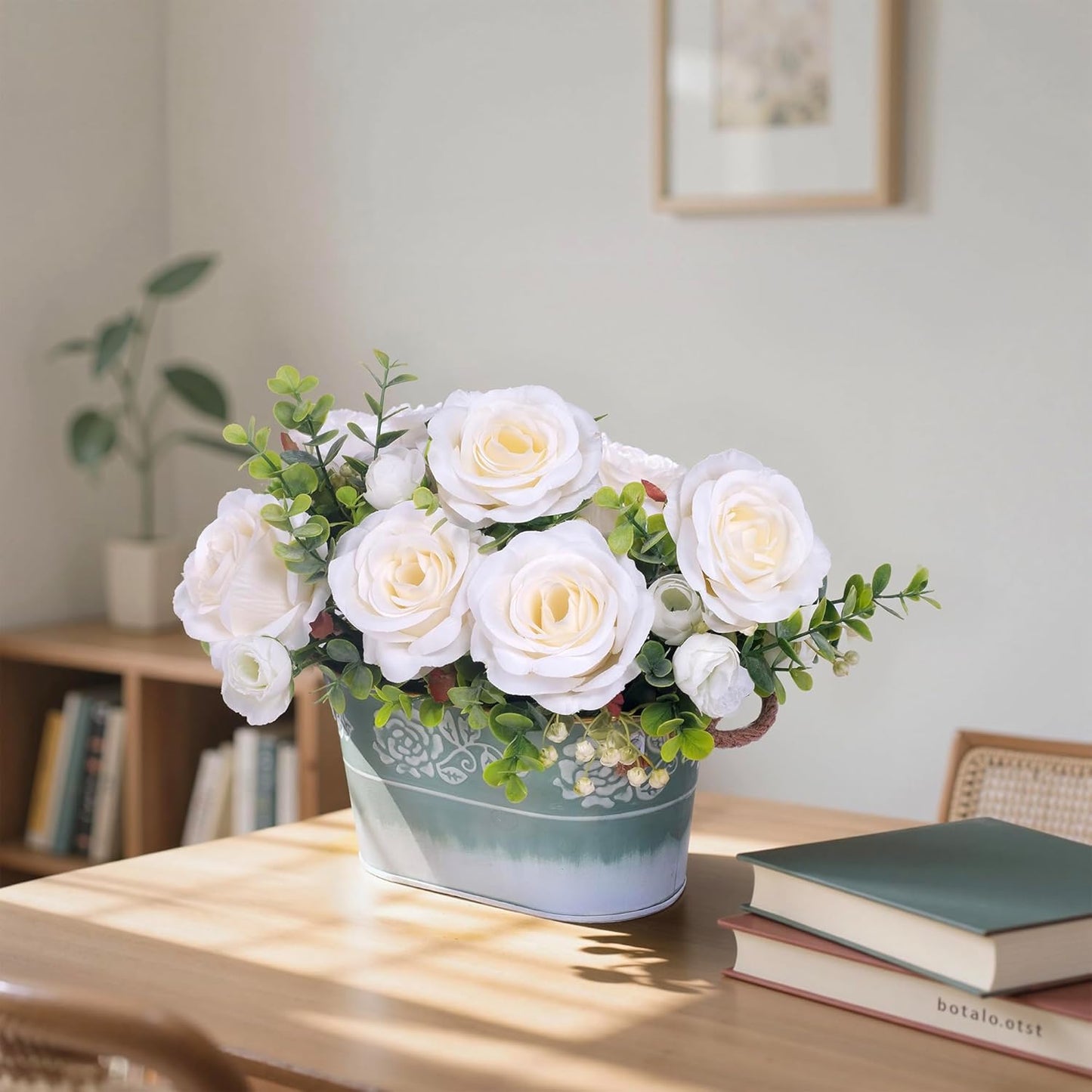 Artificial Rose Flower Arrangement for Table Centerpiece, Farmhouse Red Silk Flowers with Eucalyptus in Rustic Galvanized Metal Po Faux Floral Centerpiece for Dining Table, Home, Office Décor