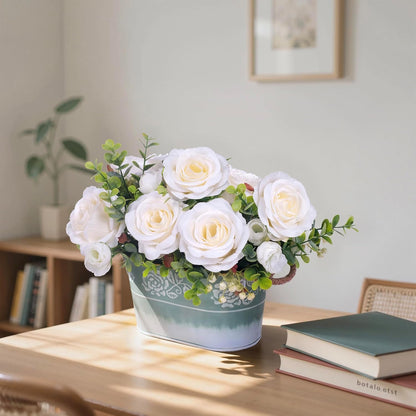 Artificial Rose Flower Arrangement for Table Centerpiece, Farmhouse Red Silk Flowers with Eucalyptus in Rustic Galvanized Metal Po Faux Floral Centerpiece for Dining Table, Home, Office Décor