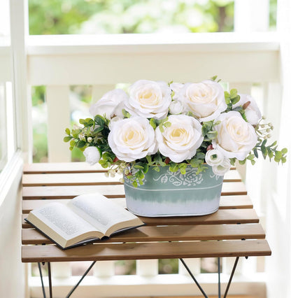 Artificial Rose Flower Arrangement for Table Centerpiece, Farmhouse Red Silk Flowers with Eucalyptus in Rustic Galvanized Metal Po Faux Floral Centerpiece for Dining Table, Home, Office Décor