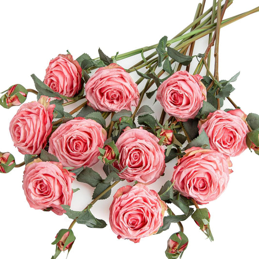 Artificial Rose Flowers Realistic Silk Burnt Edge Vintage Rose with Long Stem for Home Bridal Wedding Party Floral Bouquets Decoration (10Pcs, White)