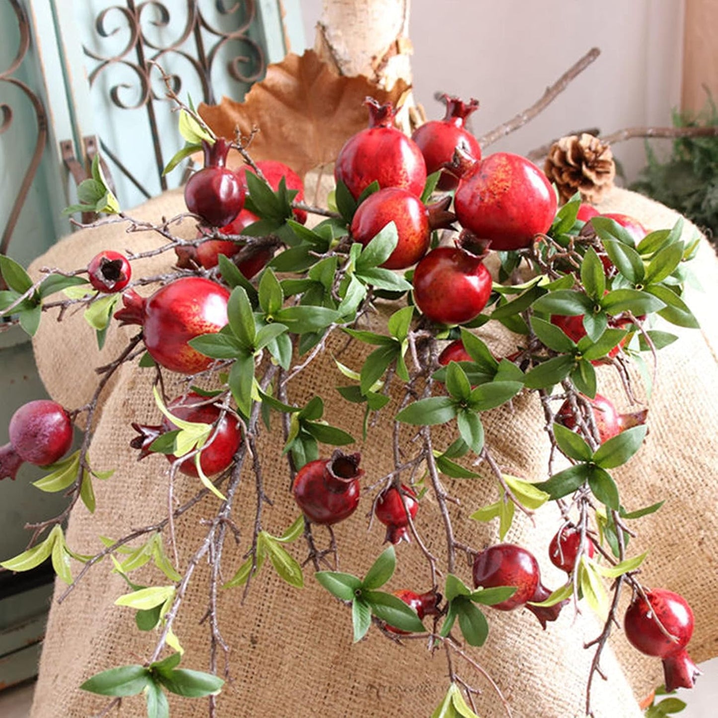 2PCS Artificial Pomegranate Branches, 37.4Inch Artificial Pomegranate Tree Fake Pomegranate Flower Bouquet Holly Rosehip Berries Picks Stems for Home Office Decor