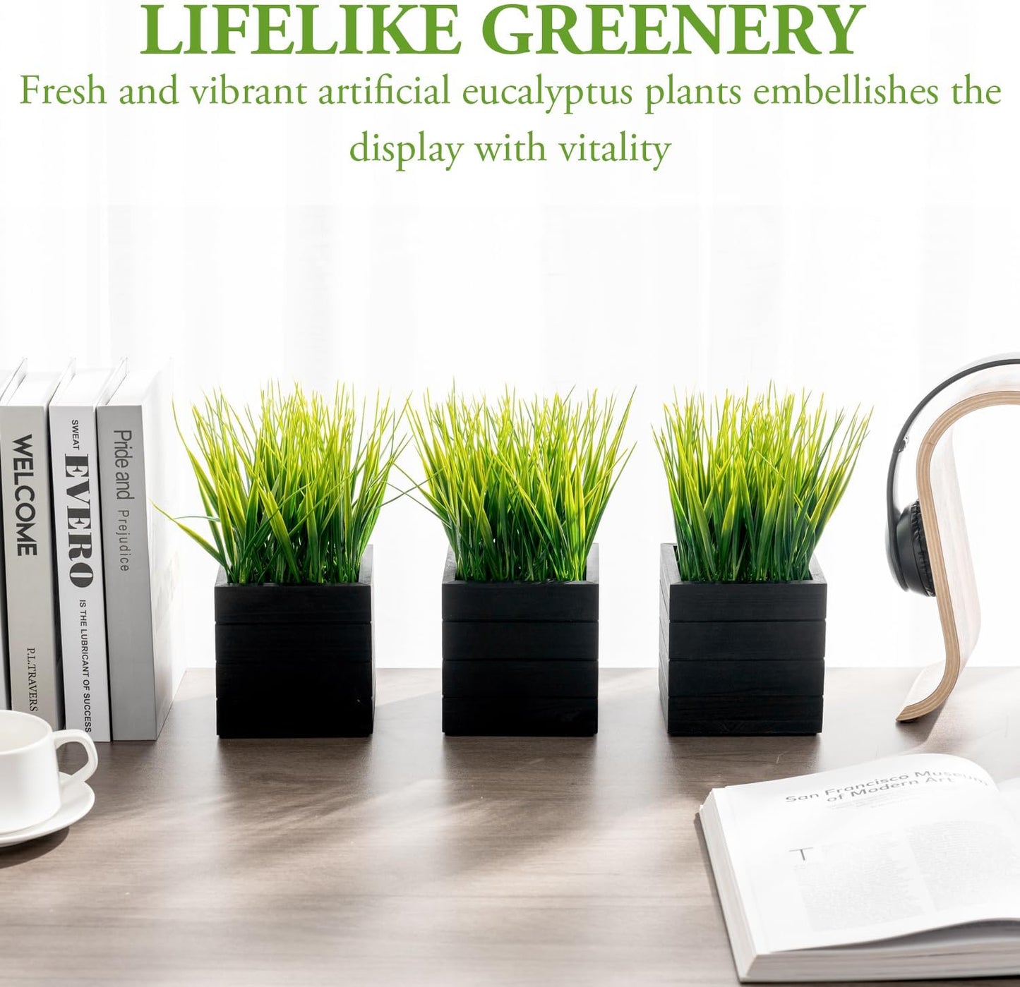 MyGift Artificial Rosemary Eucalyptus and Boxwood Plants Potted in Clear Glass Square Pots, Assorted Faux Greenery Indoor Home Table Centerpiece Office Desk Decor, 3 Piece Set