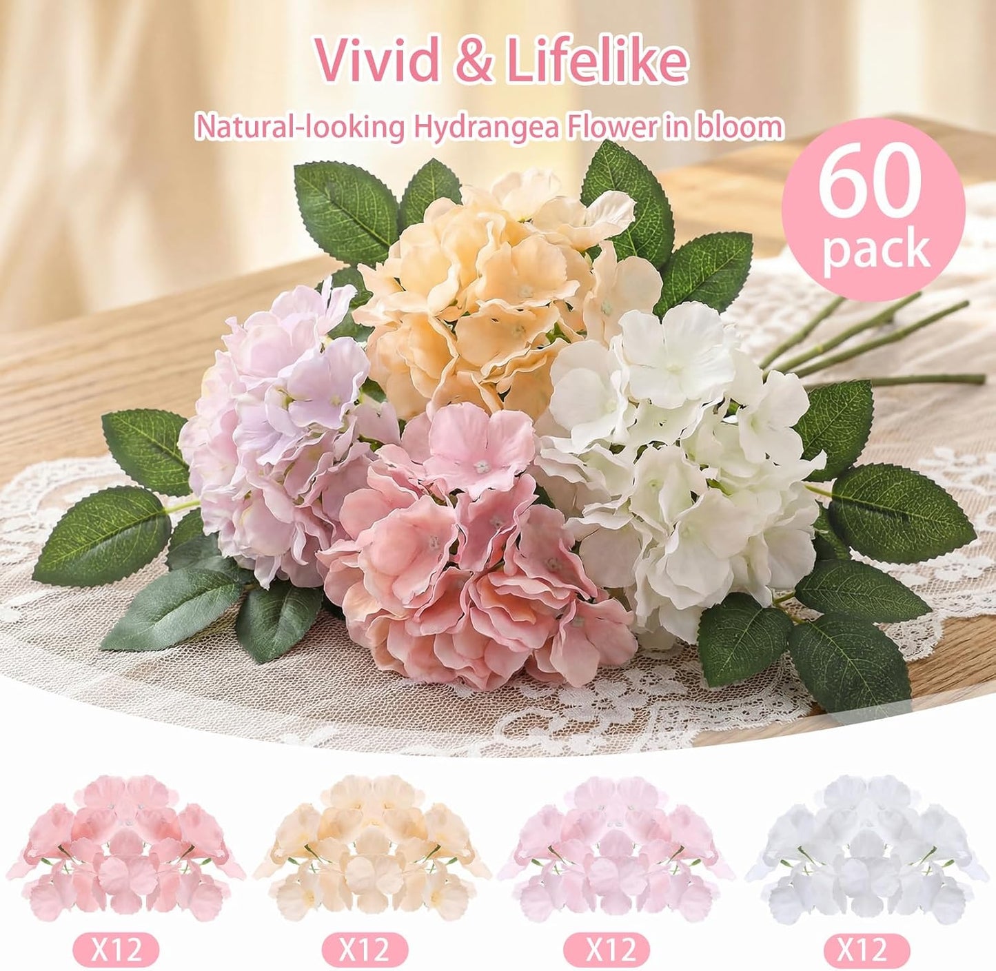 60 Pcs Artificial Hydrangea Flowers Bulk Silk Hydrangea Full Flowers Heads with Stems for Wedding, Home Table Centerpieces, Garden, Baby Shower, Party Decoration (Pink,Orange)