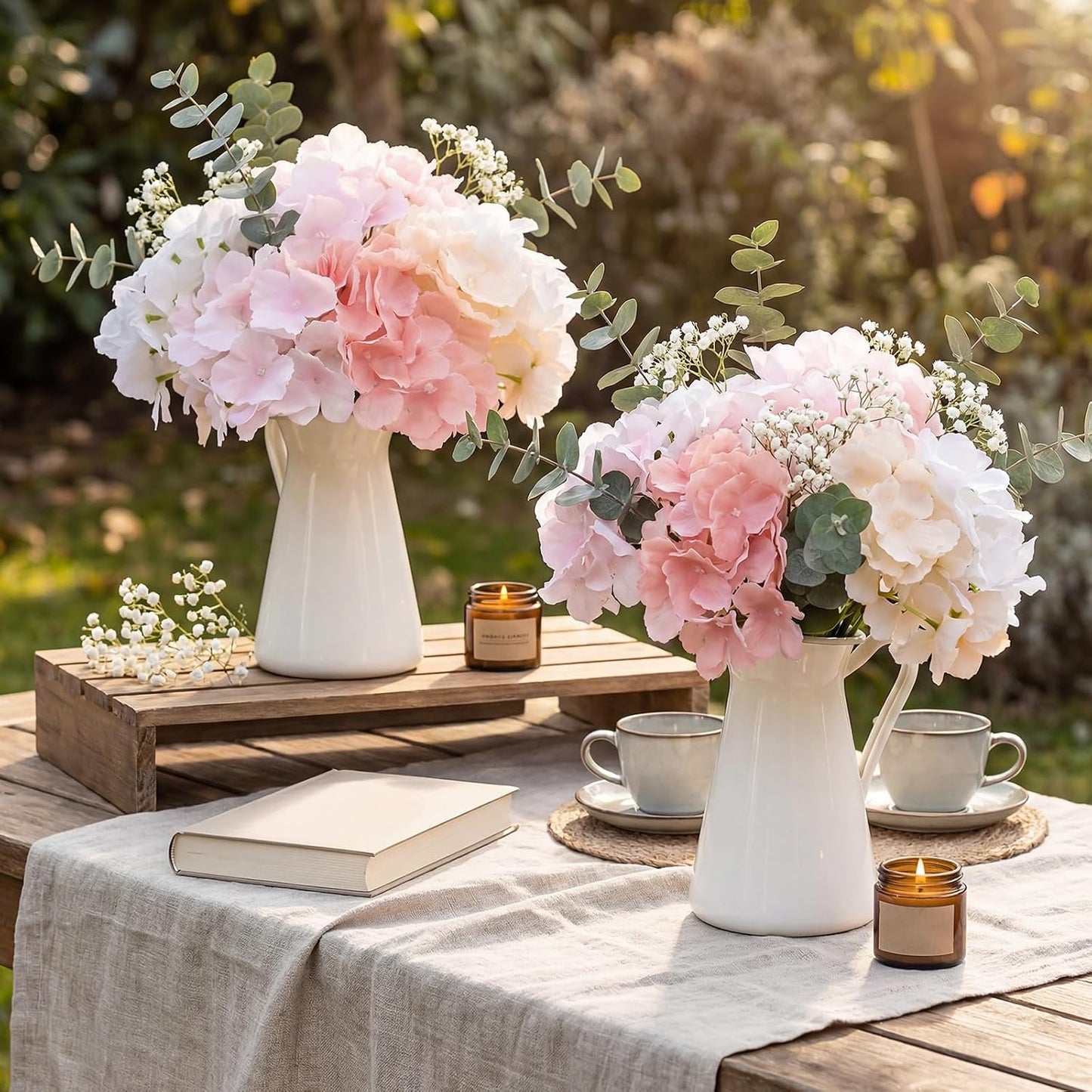 60 Pcs Artificial Hydrangea Flowers Bulk Silk Hydrangea Full Flowers Heads with Stems for Wedding, Home Table Centerpieces, Garden, Baby Shower, Party Decoration (Pink,Orange)