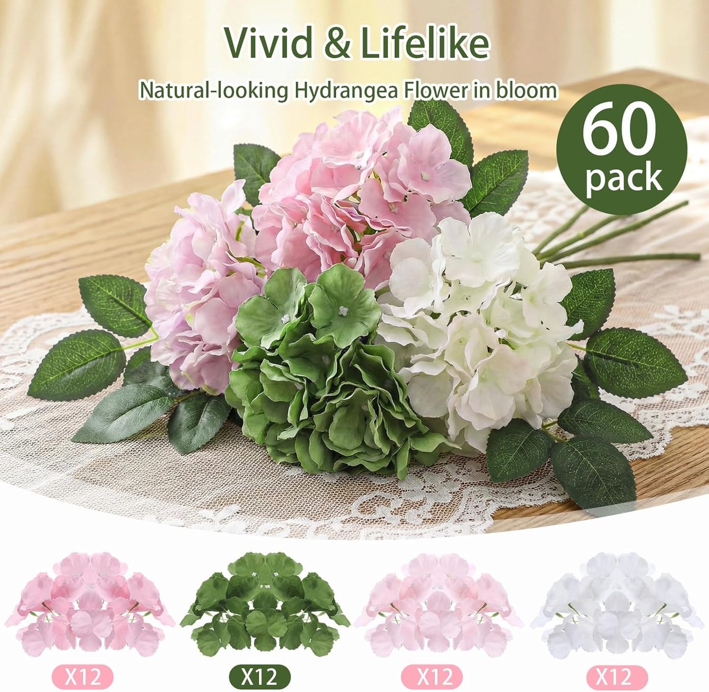 60 Pcs Artificial Hydrangea Flowers Bulk Silk Hydrangea Full Flowers Heads with Stems for Wedding, Home Table Centerpieces, Garden, Baby Shower, Party Decoration (Pink,Orange)