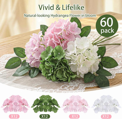 60 Pcs Artificial Hydrangea Flowers Bulk Silk Hydrangea Full Flowers Heads with Stems for Wedding, Home Table Centerpieces, Garden, Baby Shower, Party Decoration (Pink,Orange)