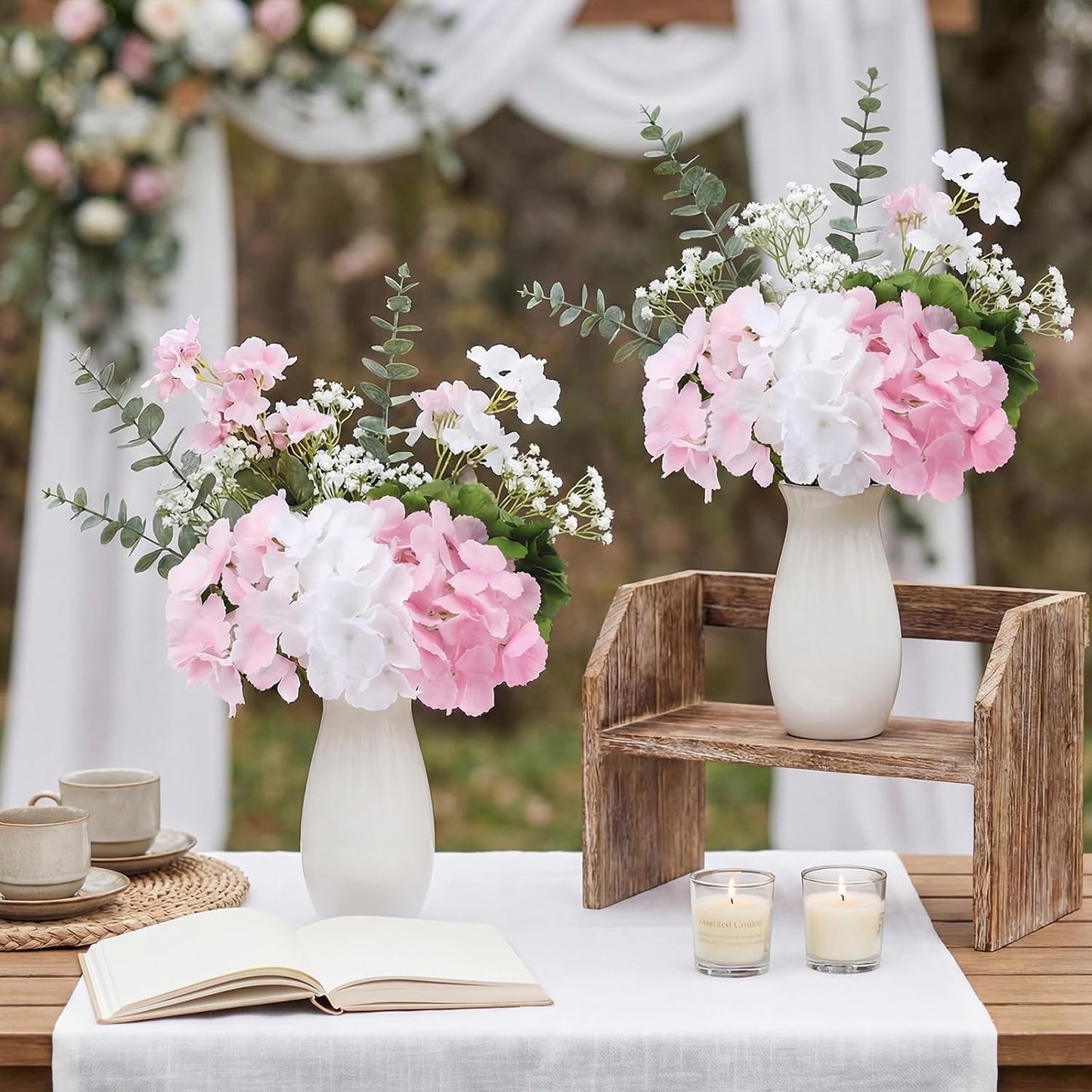 60 Pcs Artificial Hydrangea Flowers Bulk Silk Hydrangea Full Flowers Heads with Stems for Wedding, Home Table Centerpieces, Garden, Baby Shower, Party Decoration (Pink,Orange)