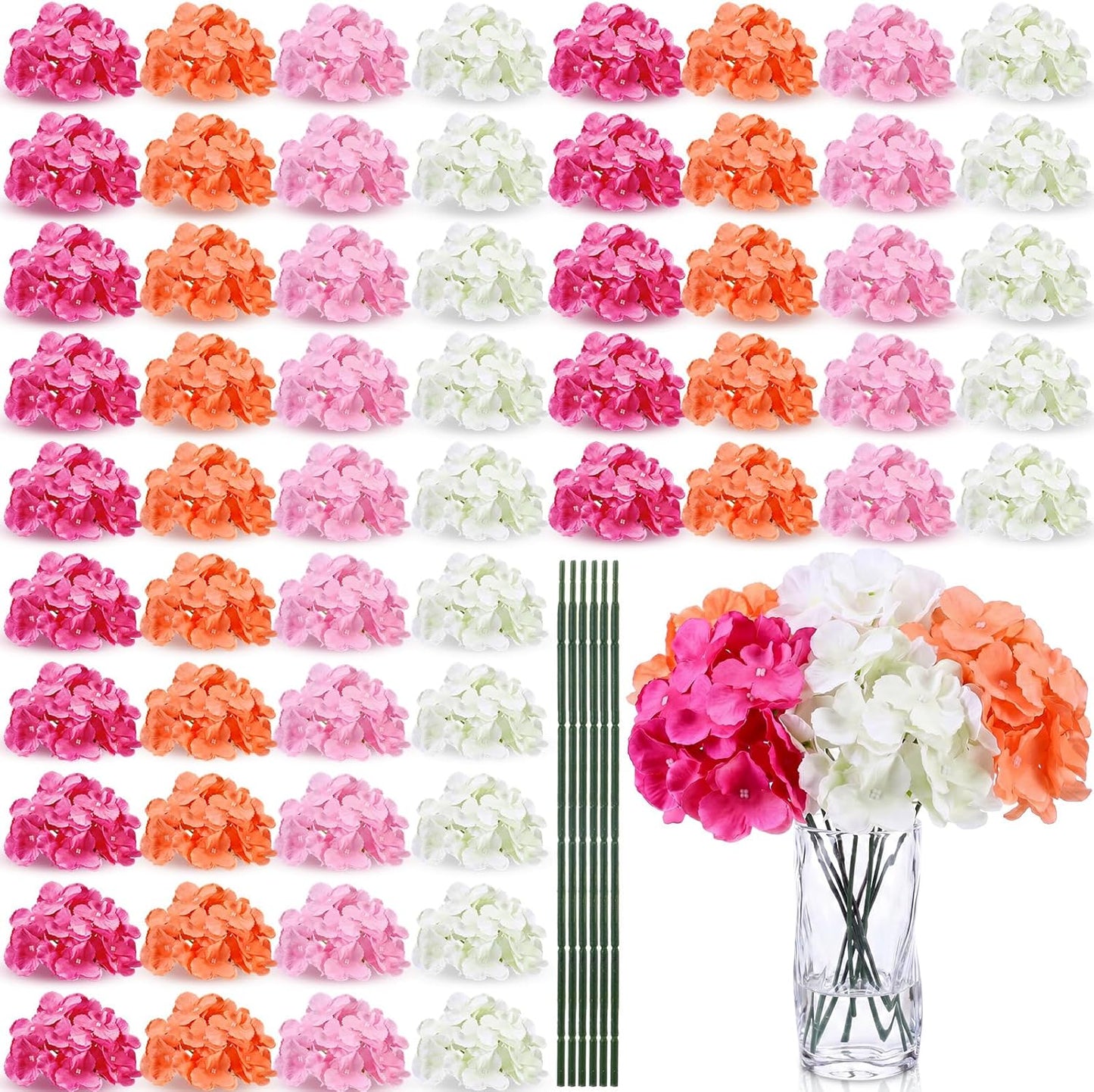 60 Pcs Artificial Hydrangea Flowers Bulk Silk Hydrangea Full Flowers Heads with Stems for Wedding, Home Table Centerpieces, Garden, Baby Shower, Party Decoration (Pink,Orange)
