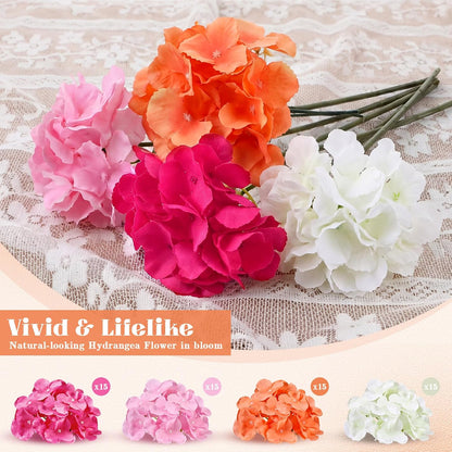 60 Pcs Artificial Hydrangea Flowers Bulk Silk Hydrangea Full Flowers Heads with Stems for Wedding, Home Table Centerpieces, Garden, Baby Shower, Party Decoration (Pink,Orange)