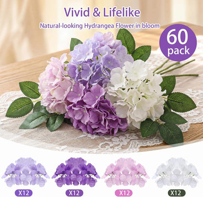 60 Pcs Artificial Hydrangea Flowers Bulk Silk Hydrangea Full Flowers Heads with Stems for Wedding, Home Table Centerpieces, Garden, Baby Shower, Party Decoration (Pink,Orange)