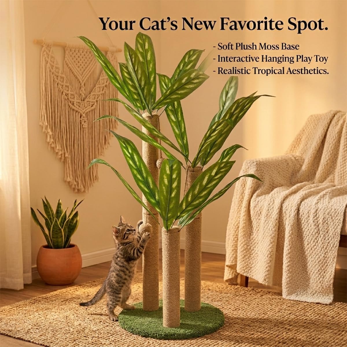 31.5Inch Cat Scratching Post,Cat Scratcher Tree with 3 Scratching Poles & 2 Interactive Dangling Balls,Cats Scratching Posts for Indoor Kitten & Adult Cats