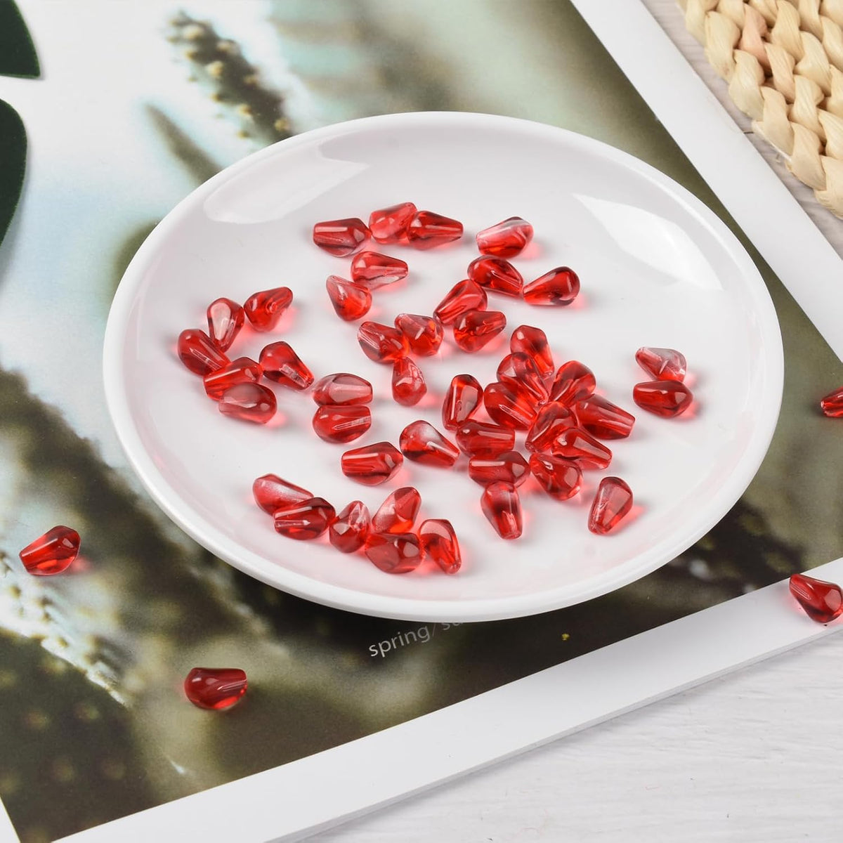 Artificial Pomegranate Seeds, 50 Pcs Glass Pomegranate Seeds Fake Fruits for Home Kitchen Vase Filler Table Decor DIY Crafts Pendants Props