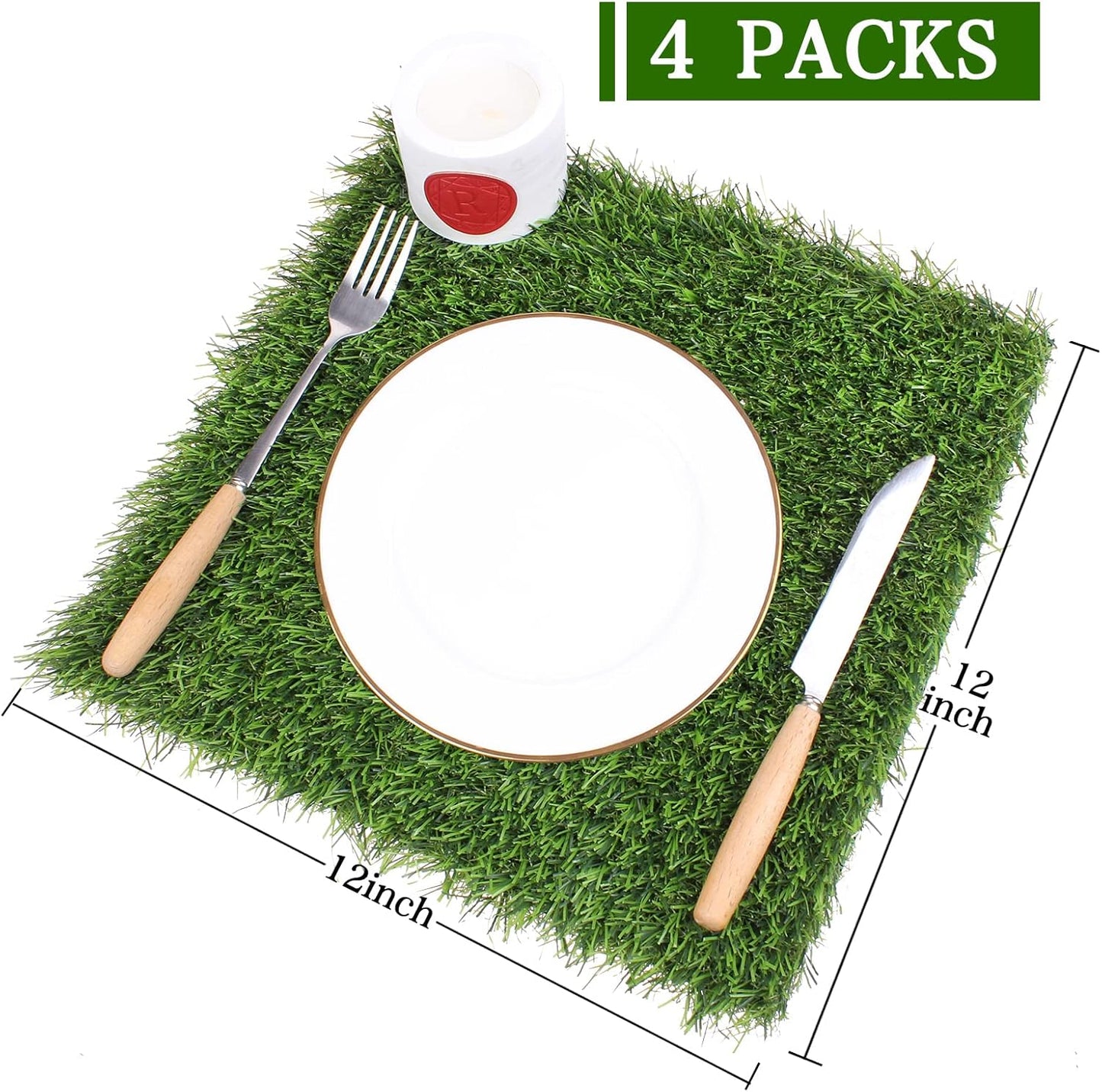 Kesfey Grass Squares Placemats 4 Packs 12"x 12" Artificial Grass Turf Patch Tiles Green Grass Squares Fake Grass Mat Synthetic Grass Rug Roll Tabletop Decorations for Home Dining Christmas Table Decor