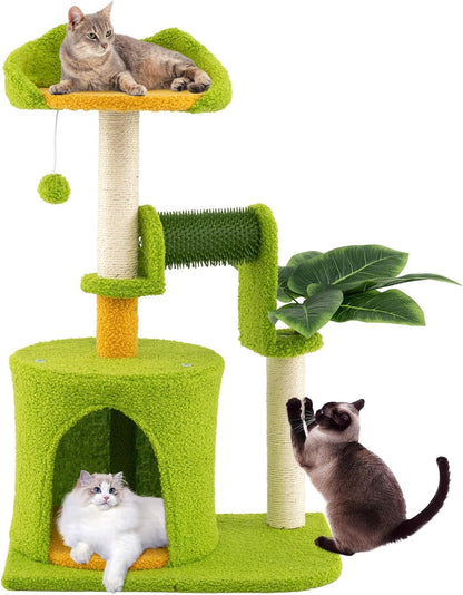 Palm Cute Cat Tree, Cat Tower with Sisal Scratching Posts, Padded Top Perch, Condo, Self Groomer, Jumping Platforms & Dangling Balls, Unique Cat Tree Tower with Green Leaves for Indoor Cats