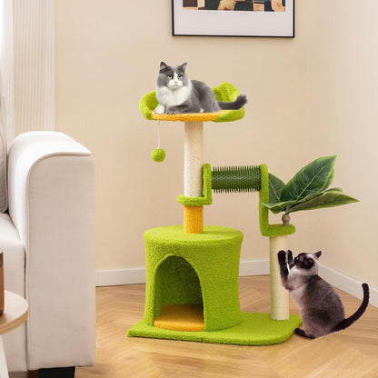 Palm Cute Cat Tree, Cat Tower with Sisal Scratching Posts, Padded Top Perch, Condo, Self Groomer, Jumping Platforms & Dangling Balls, Unique Cat Tree Tower with Green Leaves for Indoor Cats