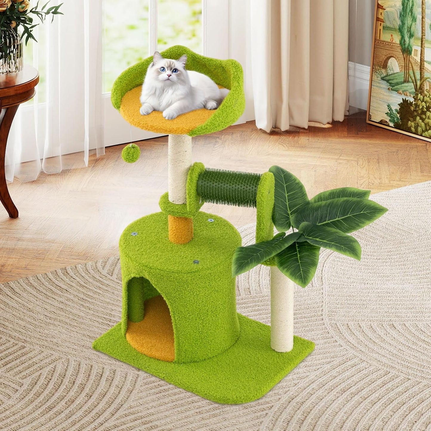 Palm Cute Cat Tree, Cat Tower with Sisal Scratching Posts, Padded Top Perch, Condo, Self Groomer, Jumping Platforms & Dangling Balls, Unique Cat Tree Tower with Green Leaves for Indoor Cats
