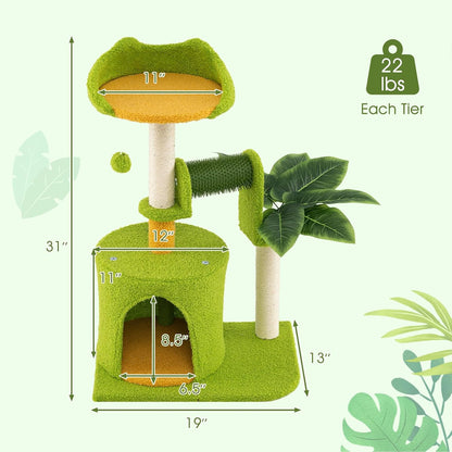 Palm Cute Cat Tree, Cat Tower with Sisal Scratching Posts, Padded Top Perch, Condo, Self Groomer, Jumping Platforms & Dangling Balls, Unique Cat Tree Tower with Green Leaves for Indoor Cats