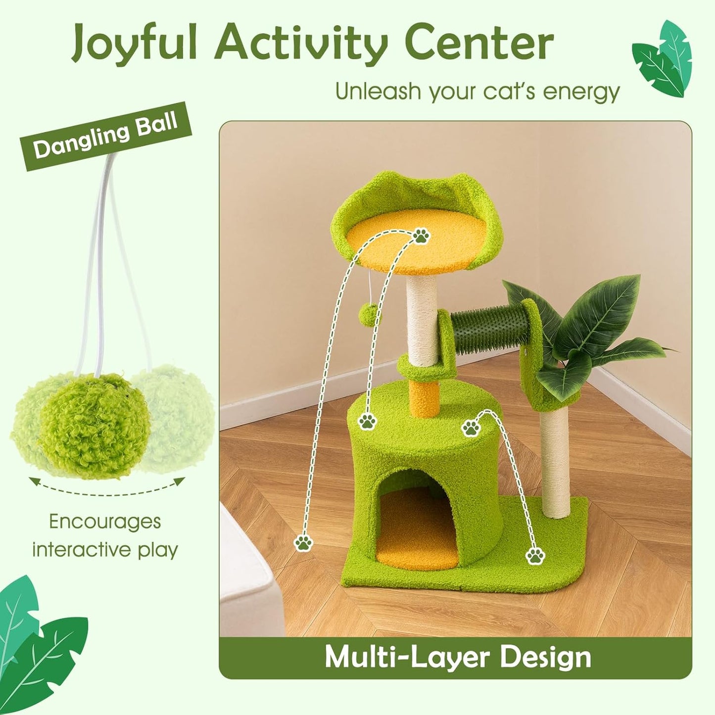 Palm Cute Cat Tree, Cat Tower with Sisal Scratching Posts, Padded Top Perch, Condo, Self Groomer, Jumping Platforms & Dangling Balls, Unique Cat Tree Tower with Green Leaves for Indoor Cats