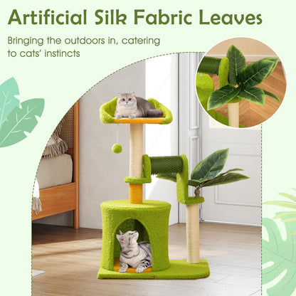 Palm Cute Cat Tree, Cat Tower with Sisal Scratching Posts, Padded Top Perch, Condo, Self Groomer, Jumping Platforms & Dangling Balls, Unique Cat Tree Tower with Green Leaves for Indoor Cats