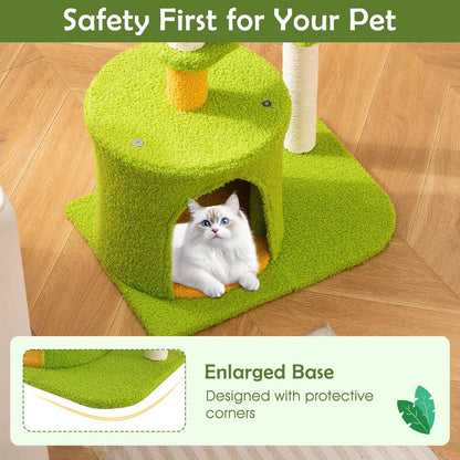 Palm Cute Cat Tree, Cat Tower with Sisal Scratching Posts, Padded Top Perch, Condo, Self Groomer, Jumping Platforms & Dangling Balls, Unique Cat Tree Tower with Green Leaves for Indoor Cats