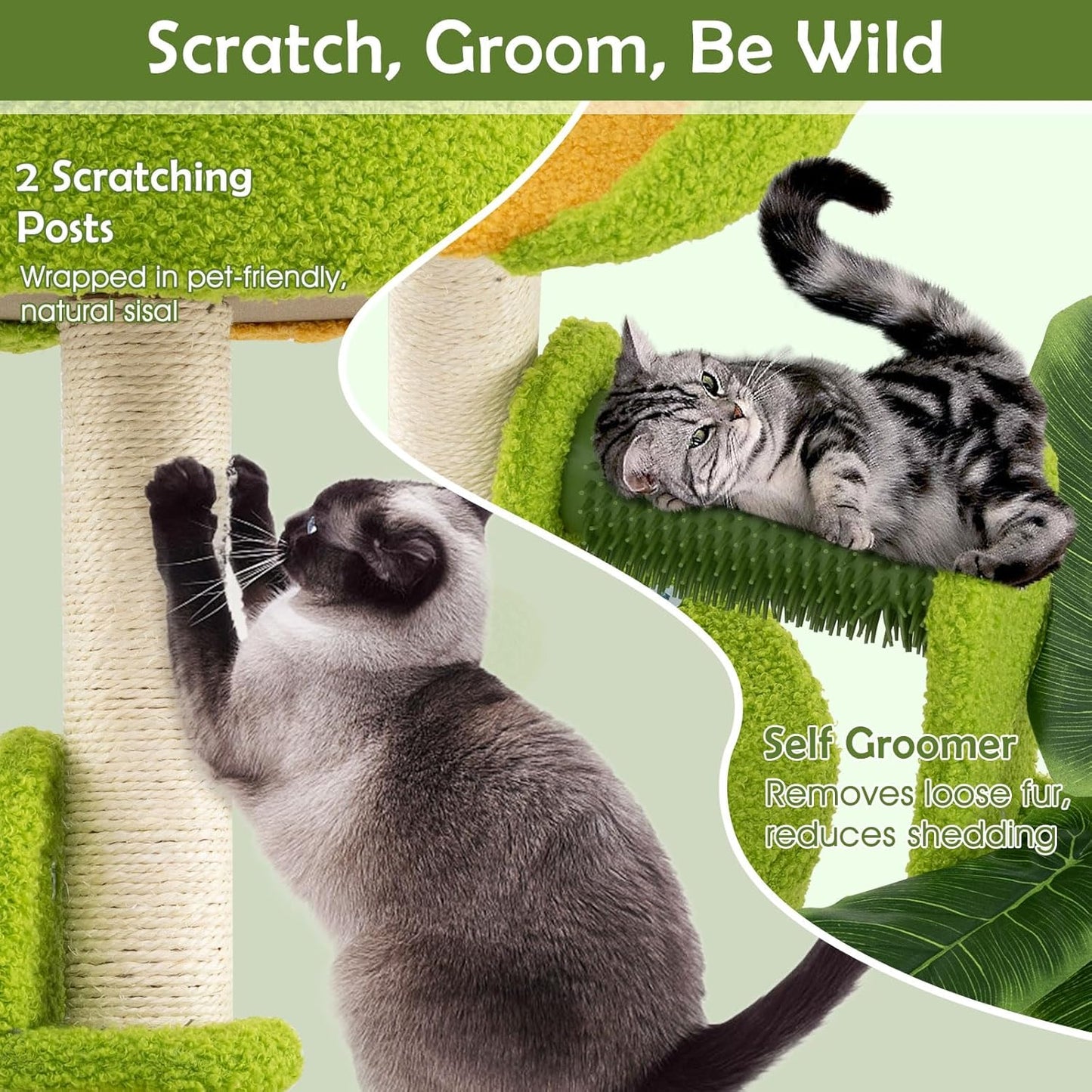 Palm Cute Cat Tree, Cat Tower with Sisal Scratching Posts, Padded Top Perch, Condo, Self Groomer, Jumping Platforms & Dangling Balls, Unique Cat Tree Tower with Green Leaves for Indoor Cats