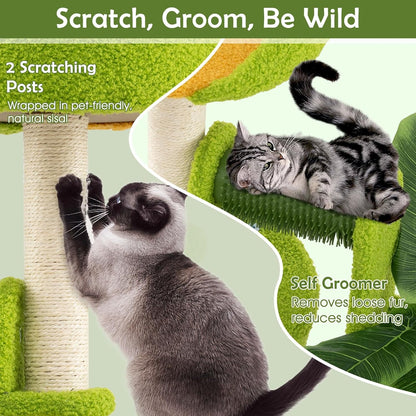 Palm Cute Cat Tree, Cat Tower with Sisal Scratching Posts, Padded Top Perch, Condo, Self Groomer, Jumping Platforms & Dangling Balls, Unique Cat Tree Tower with Green Leaves for Indoor Cats