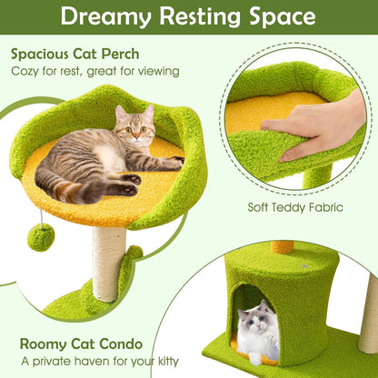 Palm Cute Cat Tree, Cat Tower with Sisal Scratching Posts, Padded Top Perch, Condo, Self Groomer, Jumping Platforms & Dangling Balls, Unique Cat Tree Tower with Green Leaves for Indoor Cats