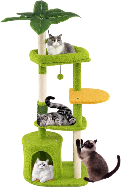 Palm Cute Cat Tree, Cat Tower with Sisal Scratching Posts, Padded Top Perch, Condo, Self Groomer, Jumping Platforms & Dangling Balls, Unique Cat Tree Tower with Green Leaves for Indoor Cats