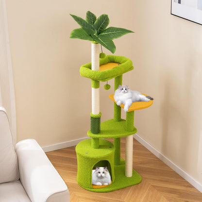 Palm Cute Cat Tree, Cat Tower with Sisal Scratching Posts, Padded Top Perch, Condo, Self Groomer, Jumping Platforms & Dangling Balls, Unique Cat Tree Tower with Green Leaves for Indoor Cats