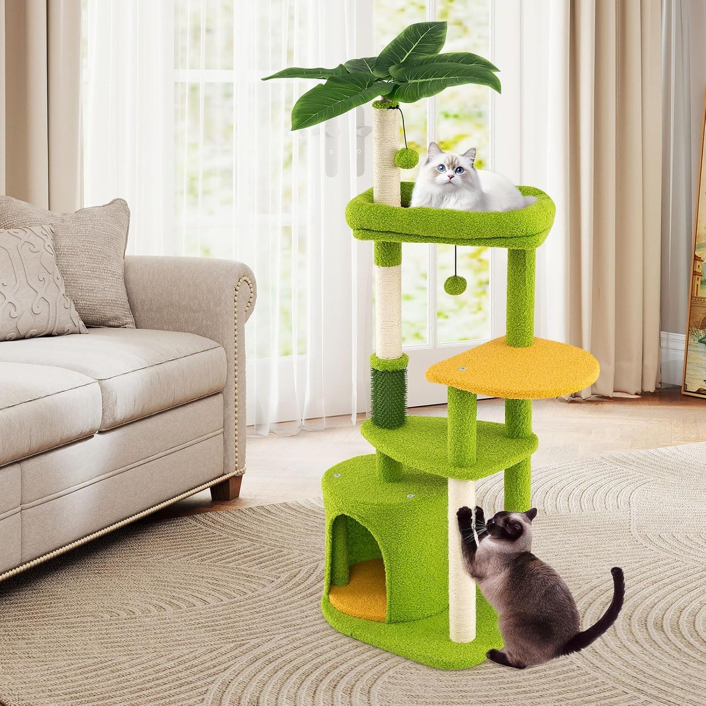 Palm Cute Cat Tree, Cat Tower with Sisal Scratching Posts, Padded Top Perch, Condo, Self Groomer, Jumping Platforms & Dangling Balls, Unique Cat Tree Tower with Green Leaves for Indoor Cats
