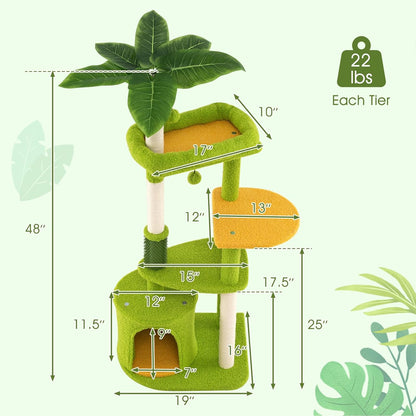 Palm Cute Cat Tree, Cat Tower with Sisal Scratching Posts, Padded Top Perch, Condo, Self Groomer, Jumping Platforms & Dangling Balls, Unique Cat Tree Tower with Green Leaves for Indoor Cats