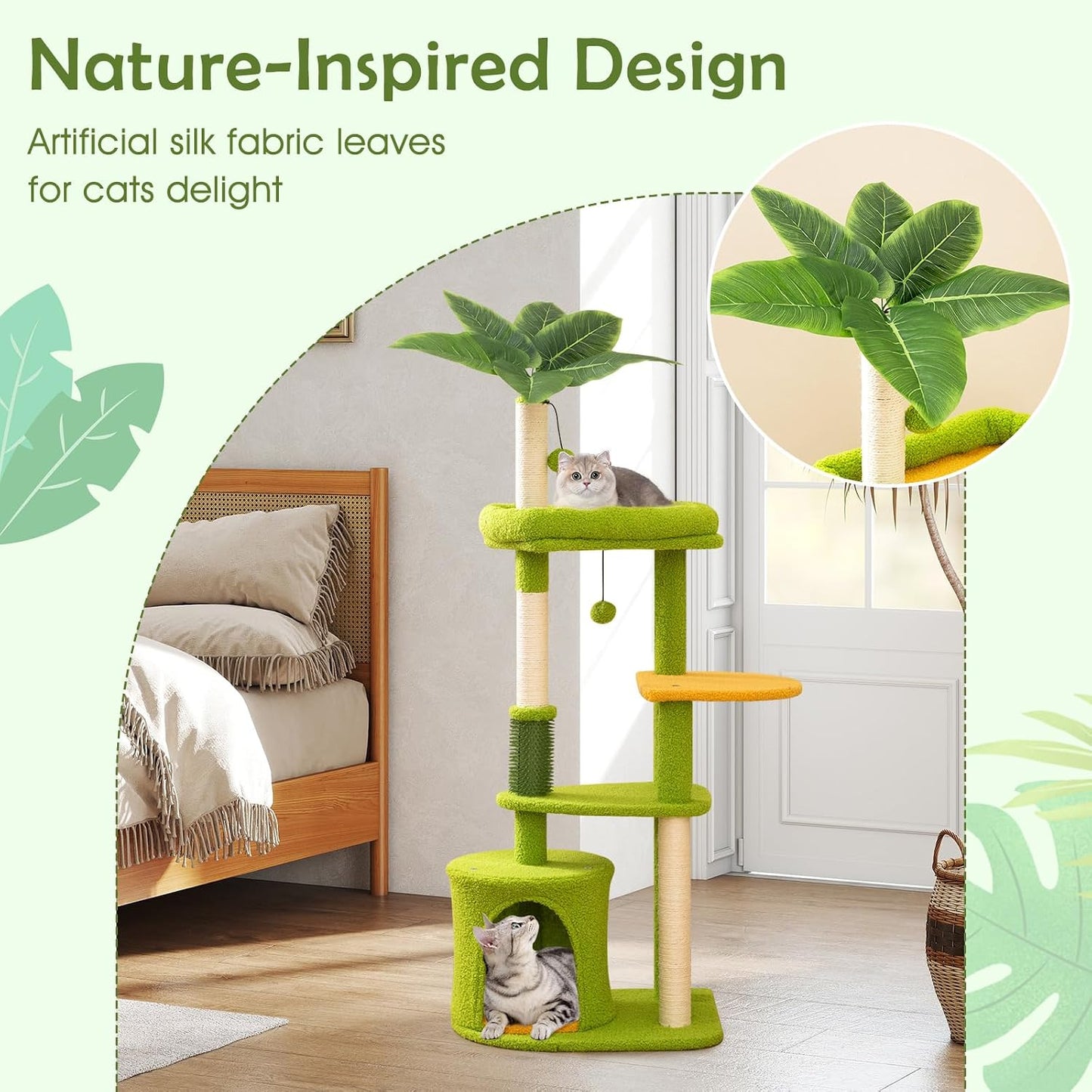 Palm Cute Cat Tree, Cat Tower with Sisal Scratching Posts, Padded Top Perch, Condo, Self Groomer, Jumping Platforms & Dangling Balls, Unique Cat Tree Tower with Green Leaves for Indoor Cats