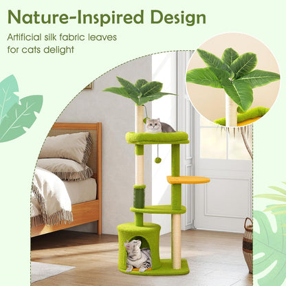 Palm Cute Cat Tree, Cat Tower with Sisal Scratching Posts, Padded Top Perch, Condo, Self Groomer, Jumping Platforms & Dangling Balls, Unique Cat Tree Tower with Green Leaves for Indoor Cats
