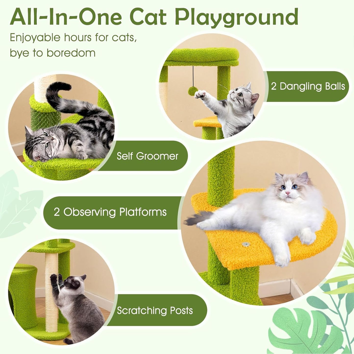 Palm Cute Cat Tree, Cat Tower with Sisal Scratching Posts, Padded Top Perch, Condo, Self Groomer, Jumping Platforms & Dangling Balls, Unique Cat Tree Tower with Green Leaves for Indoor Cats