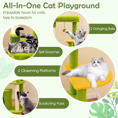 Palm Cute Cat Tree, Cat Tower with Sisal Scratching Posts, Padded Top Perch, Condo, Self Groomer, Jumping Platforms & Dangling Balls, Unique Cat Tree Tower with Green Leaves for Indoor Cats