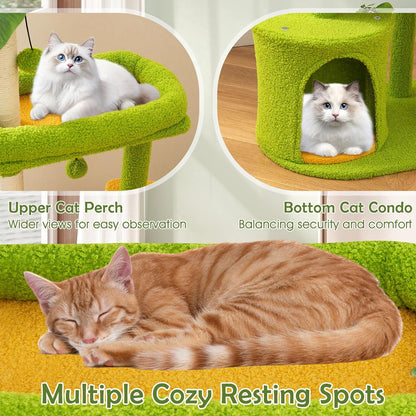 Palm Cute Cat Tree, Cat Tower with Sisal Scratching Posts, Padded Top Perch, Condo, Self Groomer, Jumping Platforms & Dangling Balls, Unique Cat Tree Tower with Green Leaves for Indoor Cats
